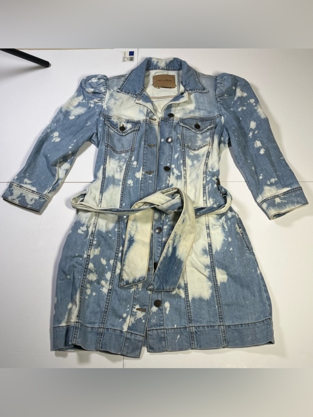 Retrofête Medium Bleach Wash Denim Jacket Belted Puff Sleeve Statement Cotton